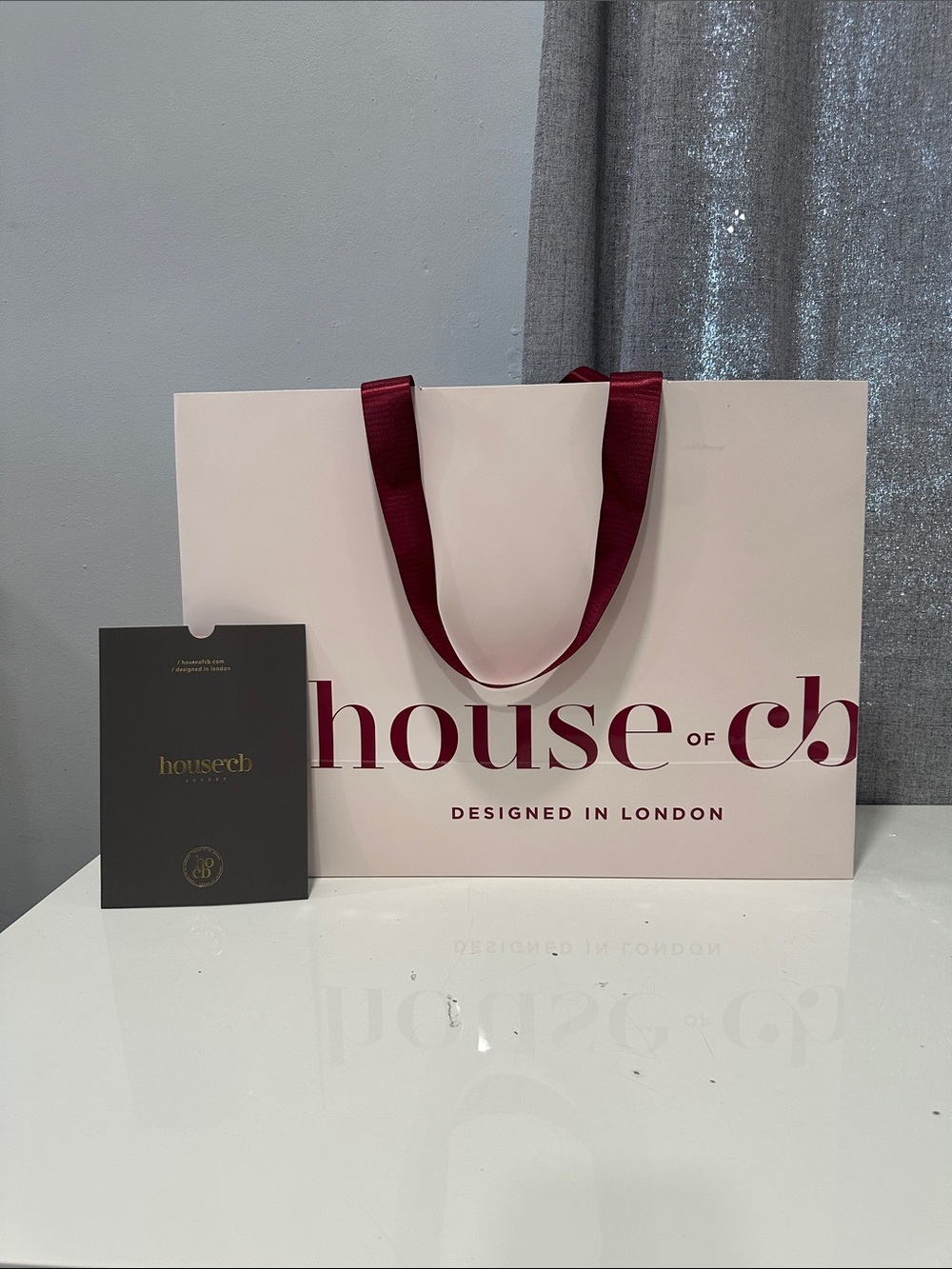 House of CB Pink Gift Bag with Burgundy Ribbon Handles
